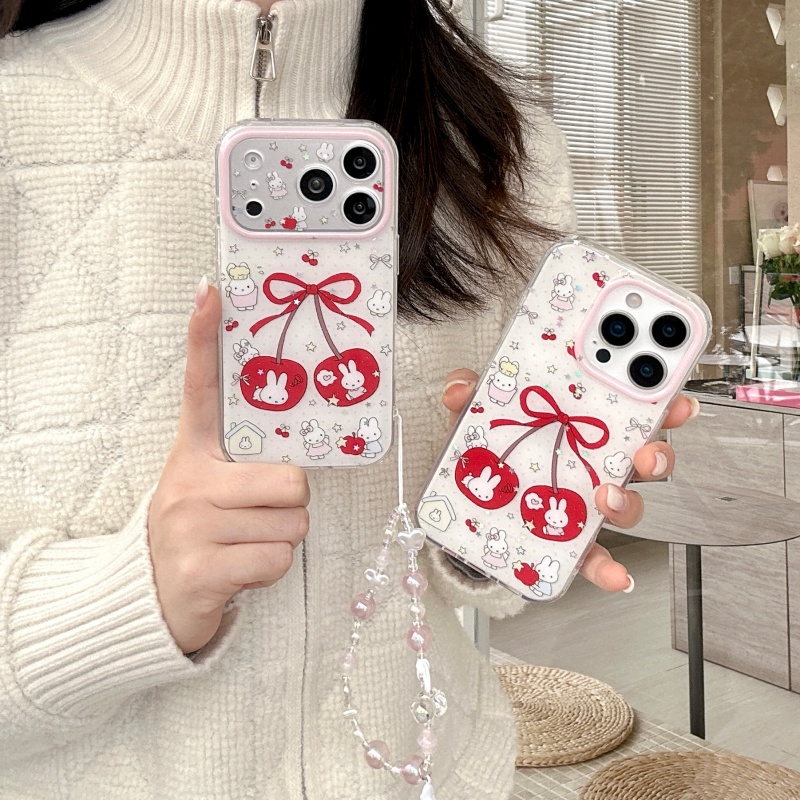 Cute Cartoon Wrist Strap Silicone Case - غطاء هاتف لطيف بتصميم الكرتون والكرز