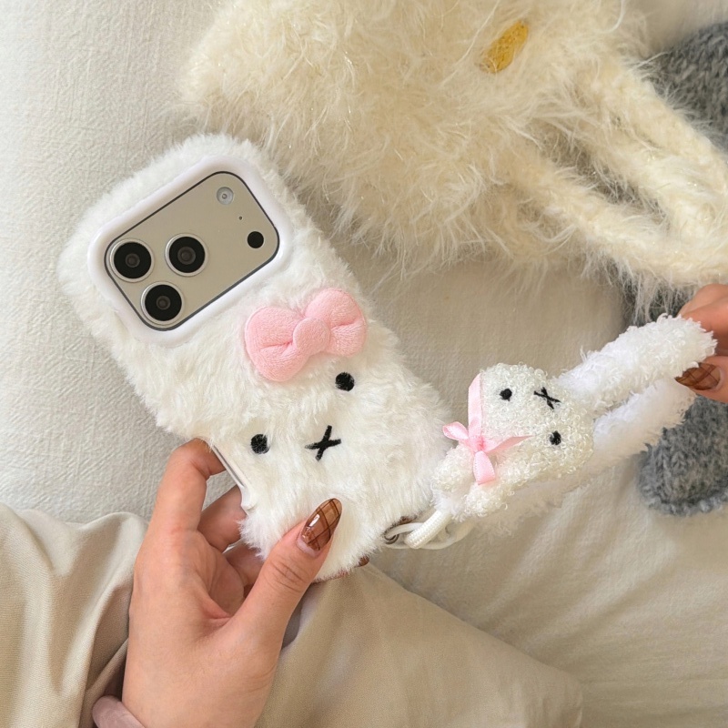 Cute Cartoon Wrist Strap Silicone Case - لطيف الكرتون الأبيض رقيق الفراء ميفي