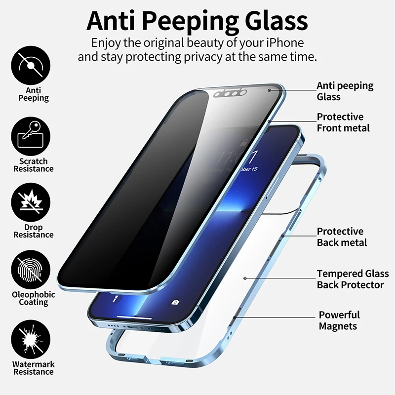Anti Spy Privacy Glass Case - جراب هاتف مغناطيسي معدني جديد مضاد