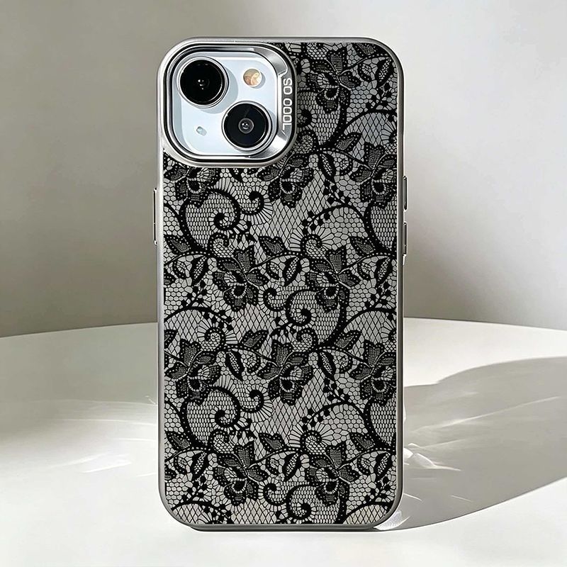 Vintage Floral Pattern Soft Case - جراب هاتف أنيق بنمط دانتيل أسود