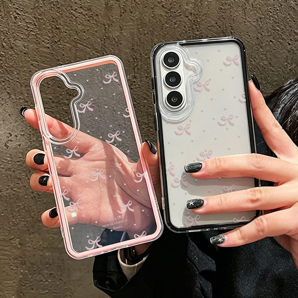 Clear Shockproof Bumper Case - غطاء هاتف ناعم بتصميم فيونكة وردية
